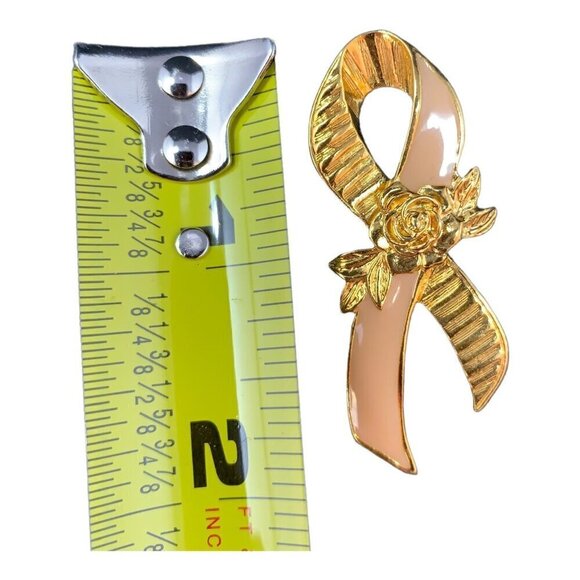 Vintage Avon Gold Tone Pink Ribbon Rose Breast Cancer Awareness Brooch Pin 2" - Picture 6 of 7